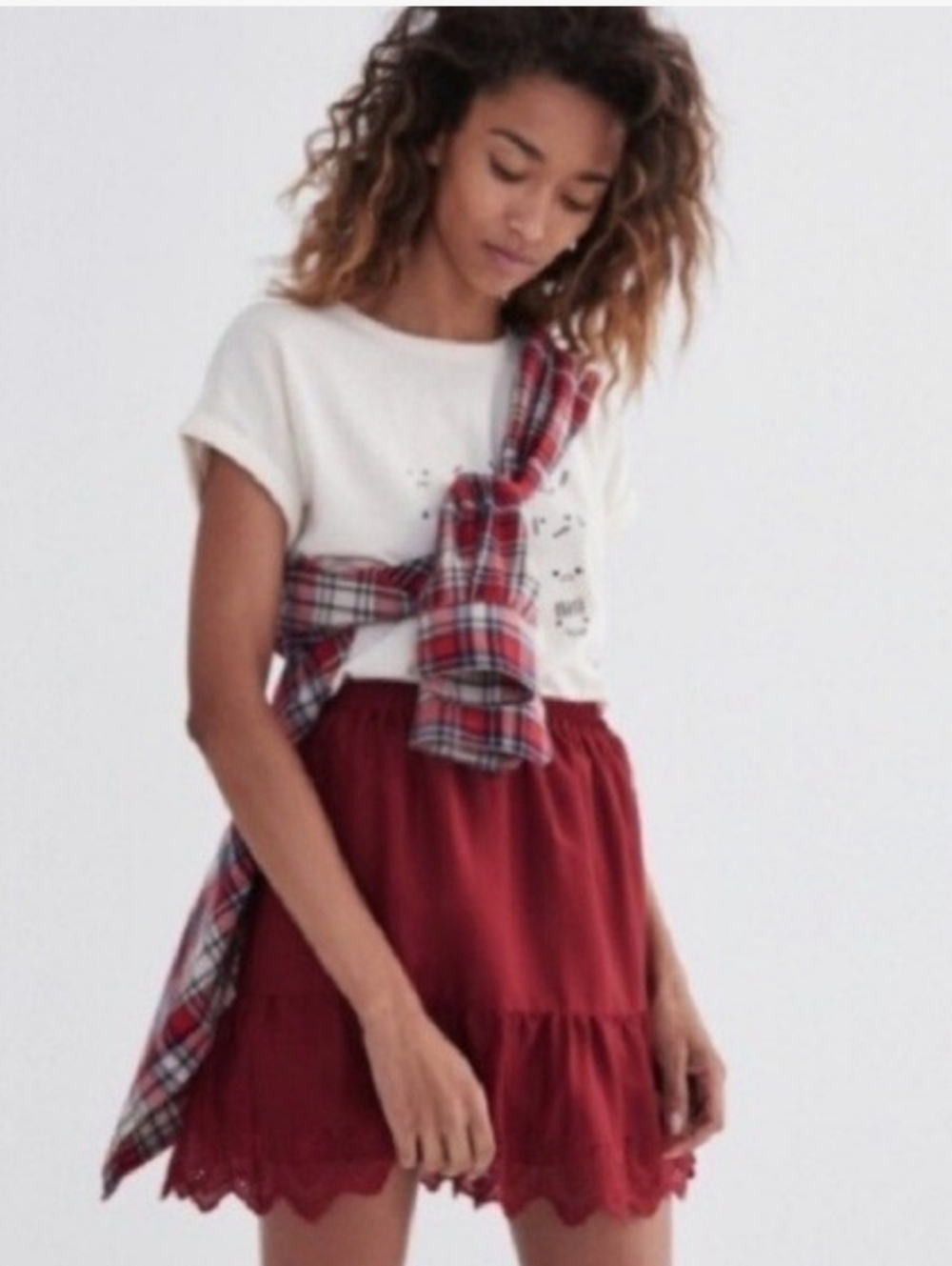 NWOT Madewell Burgundy Elastic Waist Mini Skirt Embroidered Eyelet Hem Size M